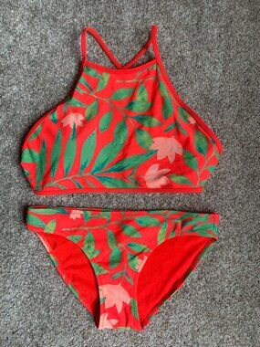 Aerie Women's 2-Piece Bikini Set, Red/Orange Tropical Floral, size M/S NWT